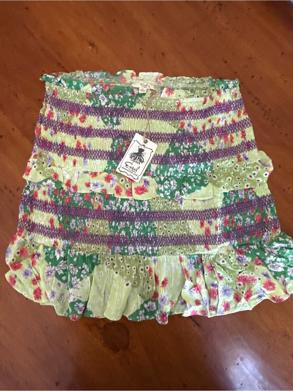 easel Lime Green Floral Smocked Mini Skirt with Purple Stripe Detail